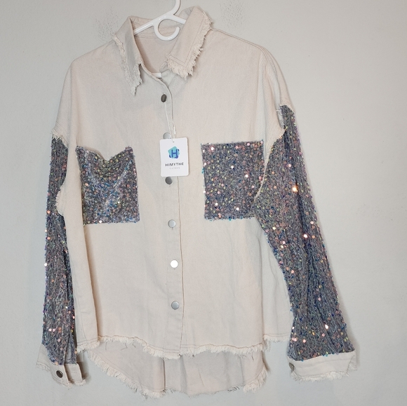 NWT HIMYTHE Beige Oversized Twill Denim Sequin Shacket Sparkle Large - Picture 14 of 17